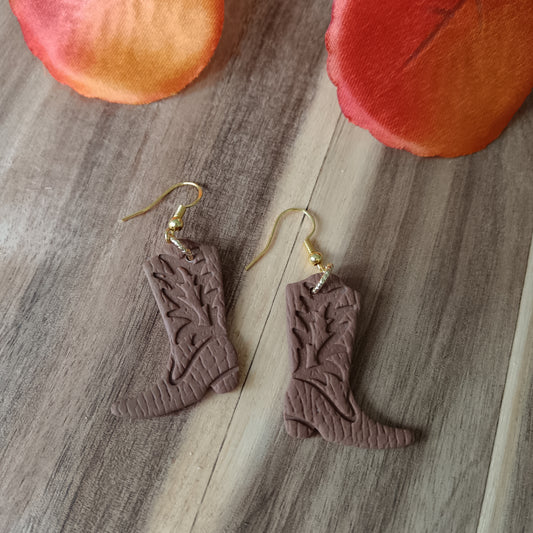Cowgirl Boots Leather Texture Caramel Brown Hook Earrings