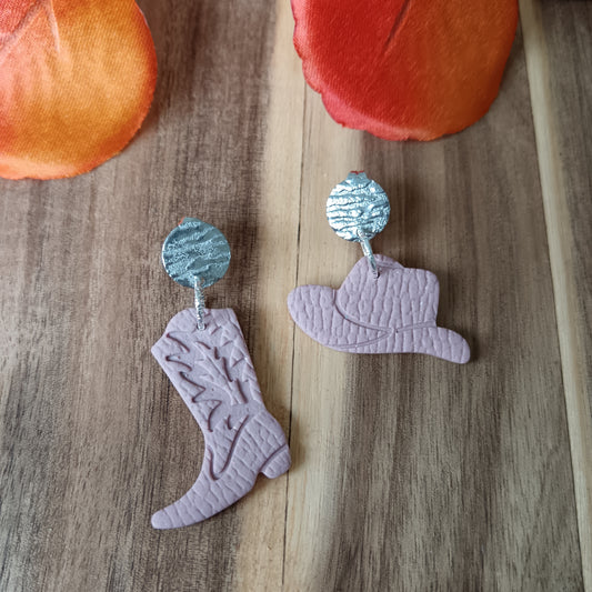 Cowgirl Boots & Stetson Leather Texture Pink & Silver Stud Earrings