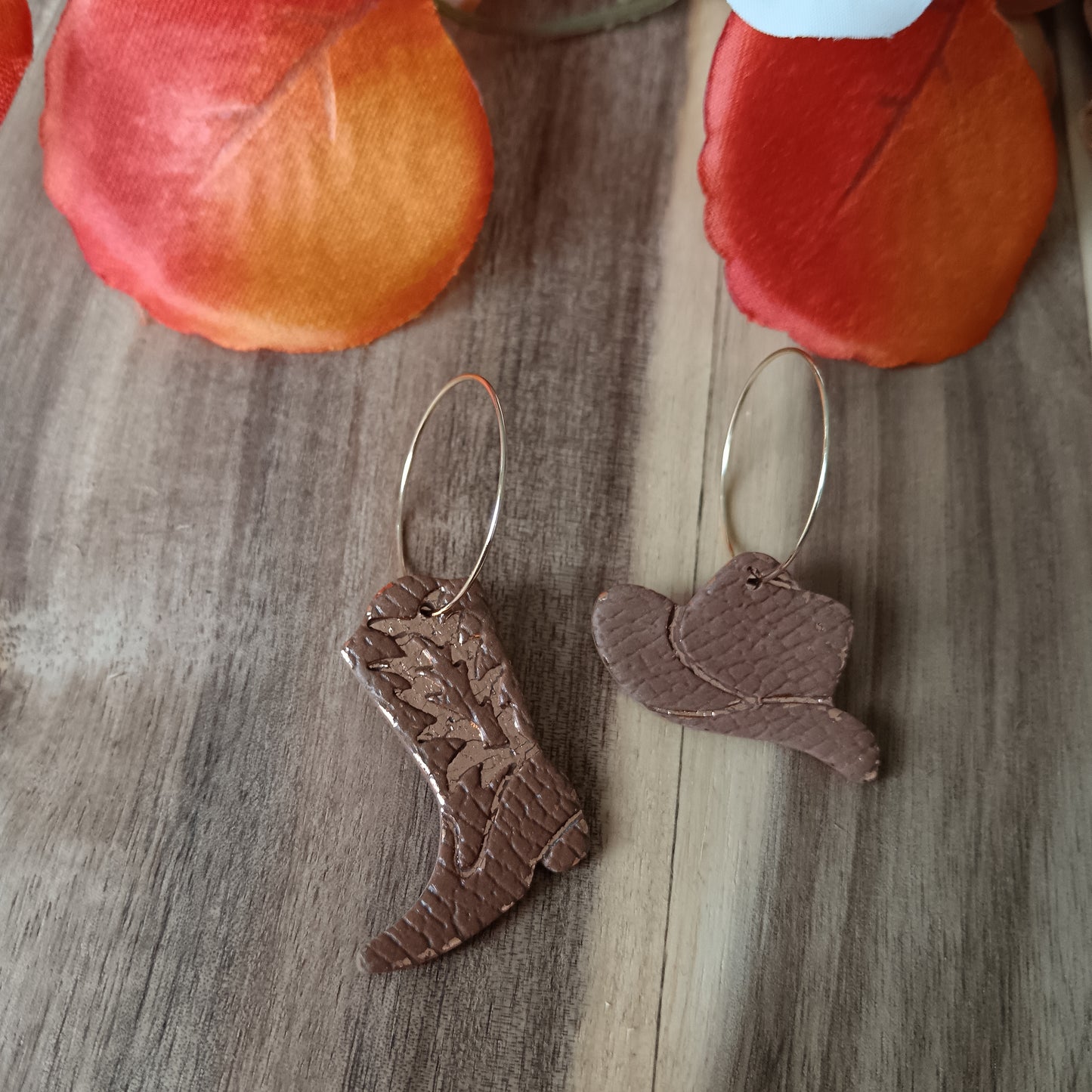 Cowgirl Boots Leather Texture Caramel Brown Hoop Earrings