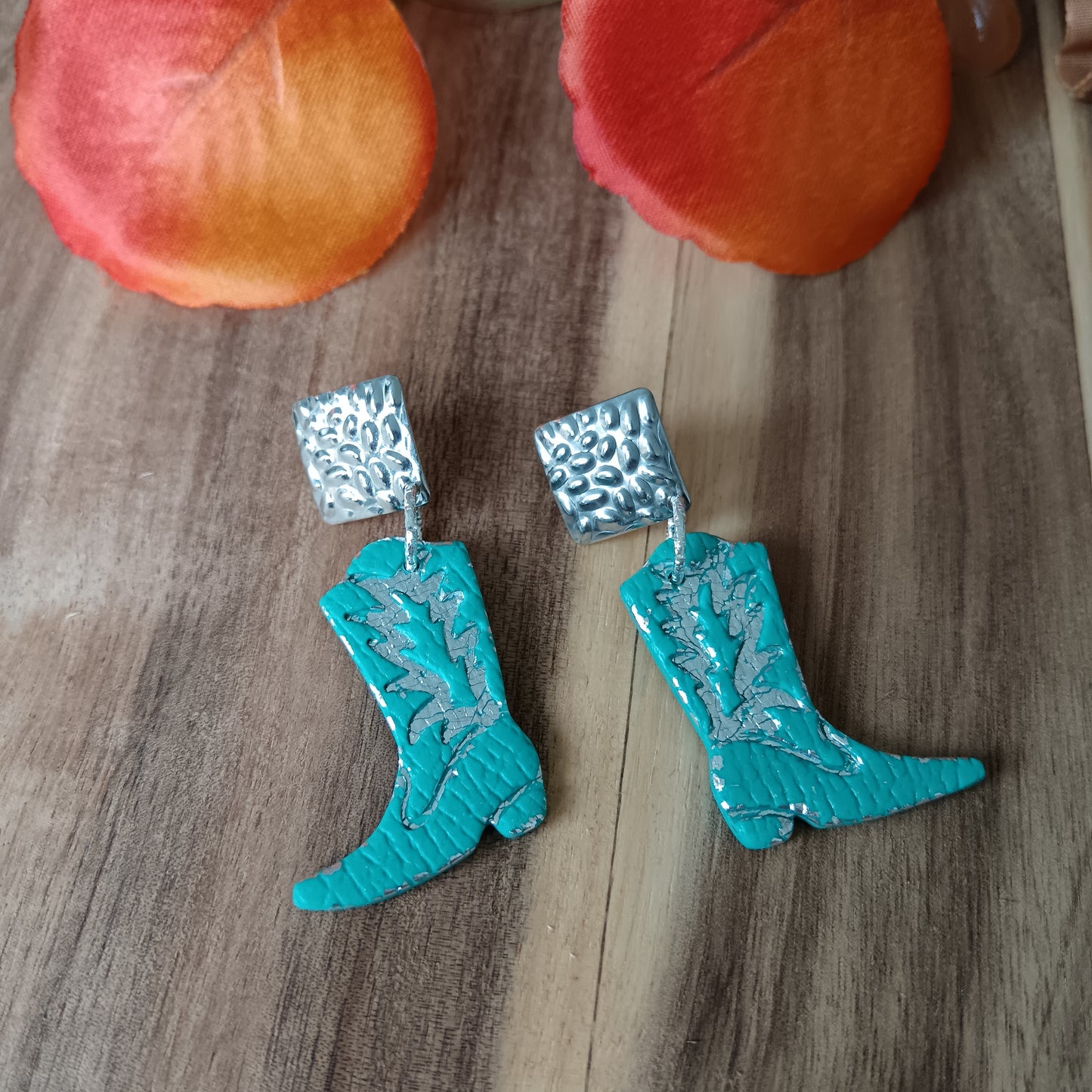 Cowgirl Boots Leather Texture Turquoise & Silver Stud Earrings