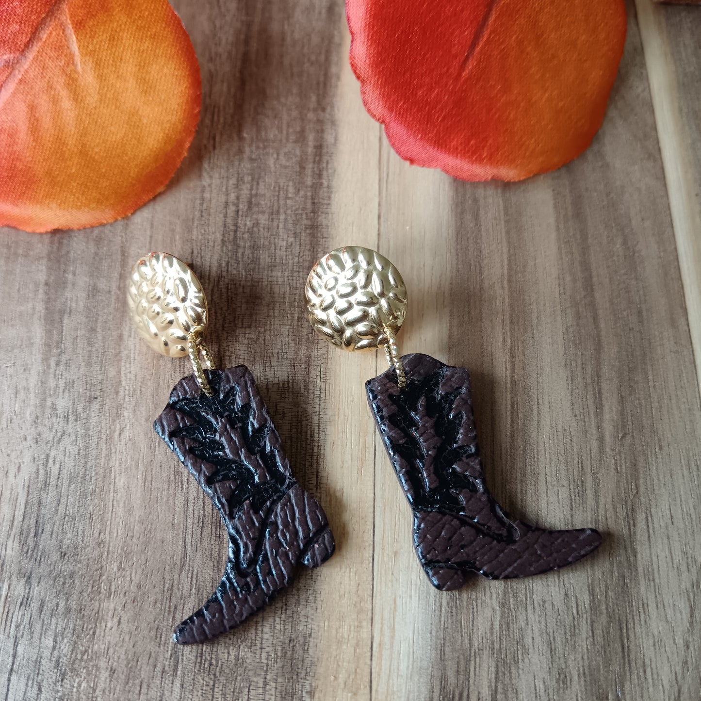 Cowgirl Boots Leather Texture Chocolate Brown & Black Stud Earrings