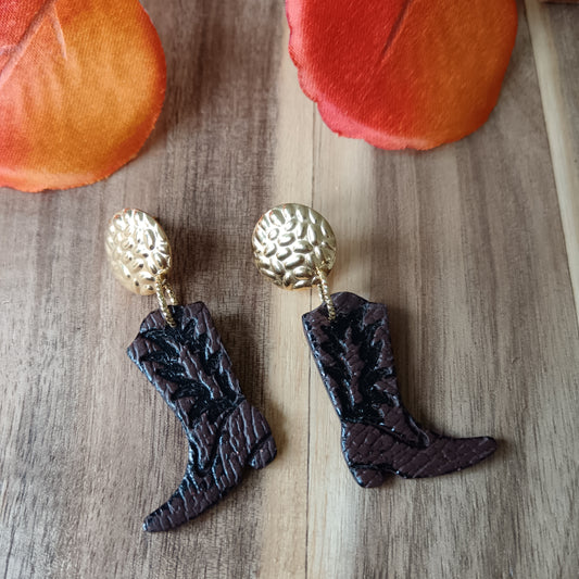 Cowgirl Boots Leather Texture Chocolate Brown & Black Stud Earrings