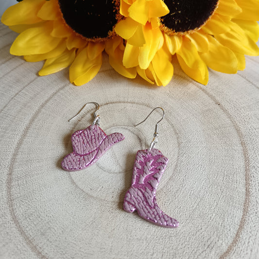 Cowgirl Boots & Stetson Leather Texture Pink Glitter Hook Earrings