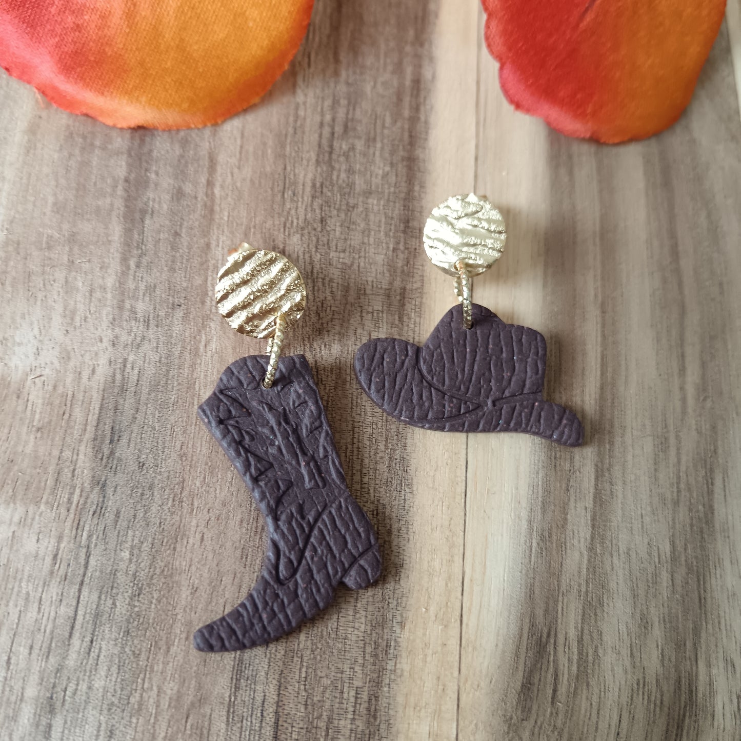 Cowgirl Boots & Stetson Leather Texture Chocolate Brown Stud Earrings