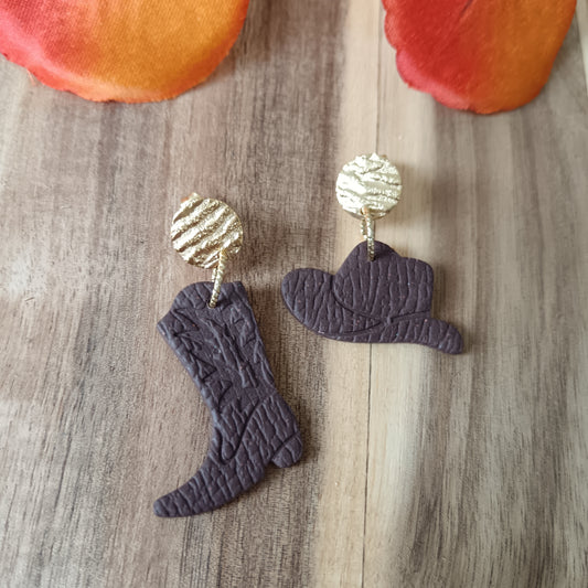 Cowgirl Boots & Stetson Leather Texture Chocolate Brown Stud Earrings
