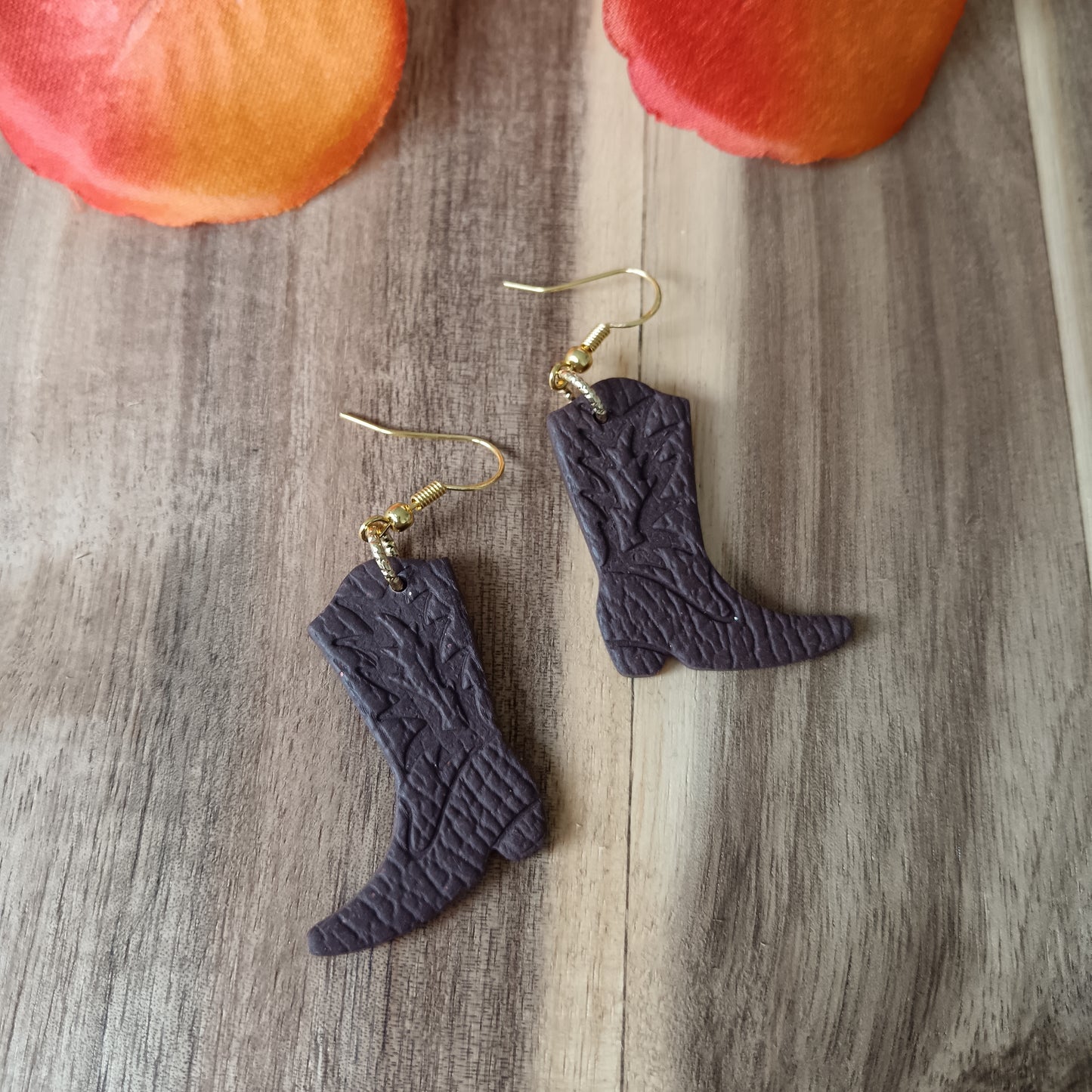 Cowgirl Boots Leather Texture Chocolate Brown Hook Earrings