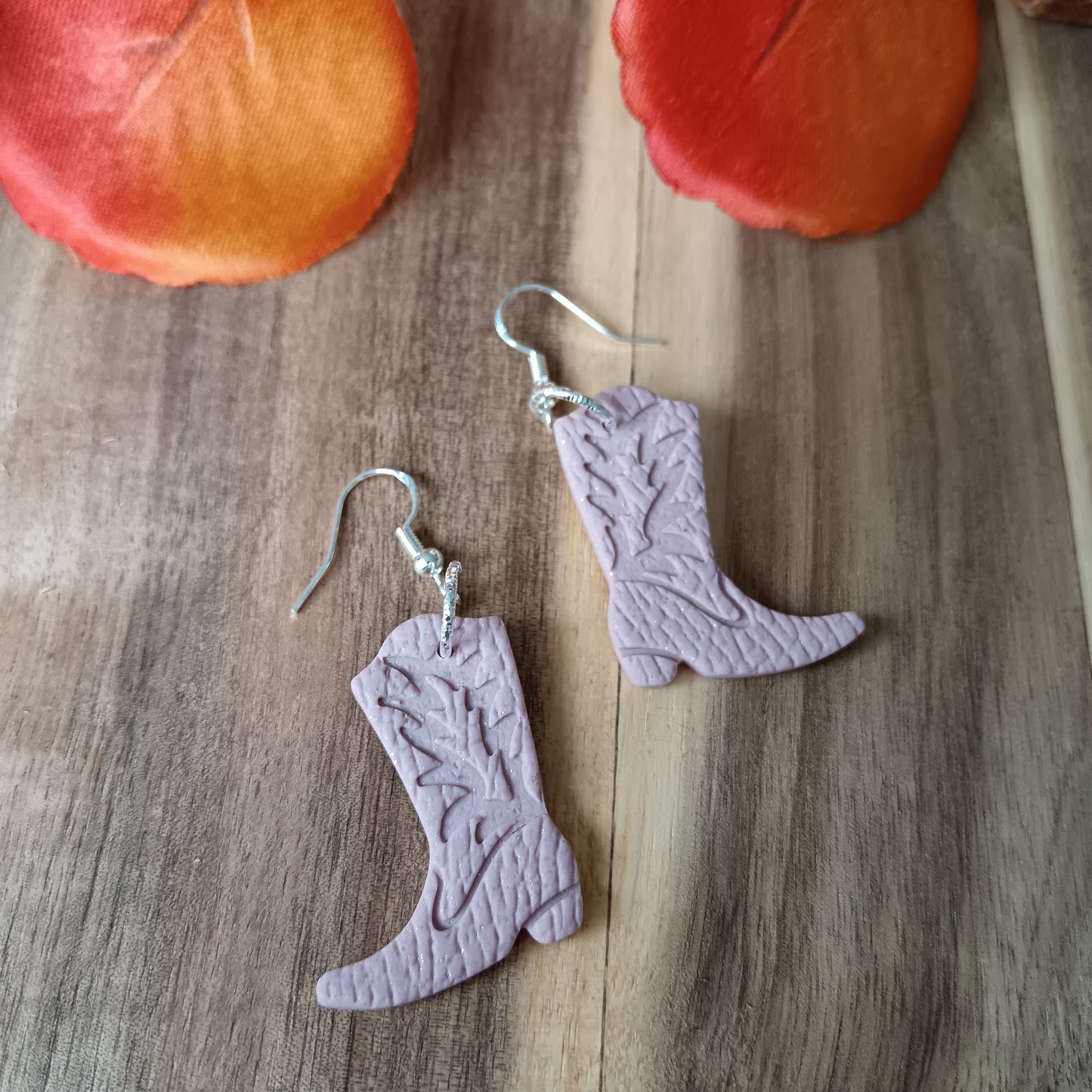 Cowgirl Boots Leather Texture Pink & Silver Hook Earrings