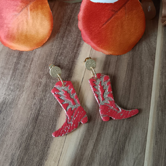 Cowgirl Boots Leather Texture Burnt Orange & Gold Stud Earrings