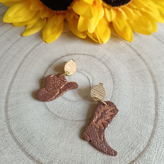 Cowgirl Boots & Stetson Leather Texture Brown Glitter Stud Earrings
