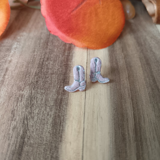 Micro Cowgirl Baby Pink & Silver Boots Stud Earrings