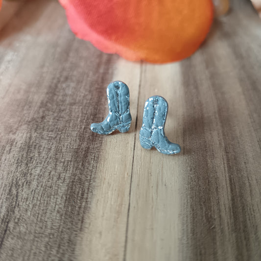 Micro Cowgirl Grey & Silver Boots Stud Earrings