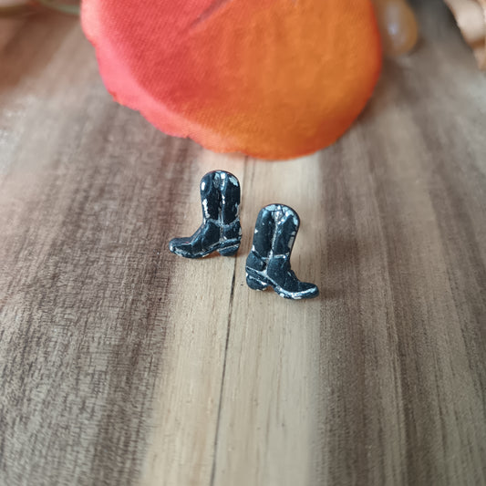 Micro Cowgirl Black & Silver Boots Stud Earrings