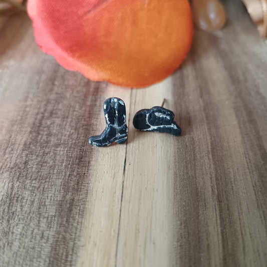 Micro Cowgirl Black & Silver Boot & Stetson Stud Earrings