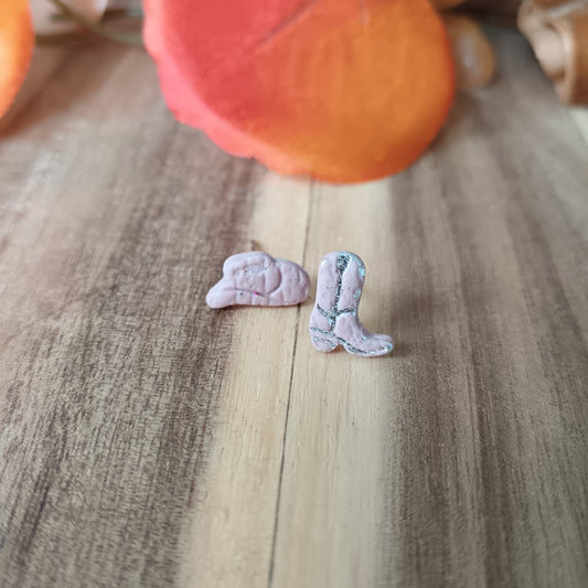 Micro Cowgirl Baby Pink & Silver Boot & Stetson Stud Earrings