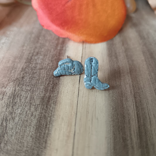 Micro Cowgirl Grey & Silver Boot & Stetson Stud Earrings