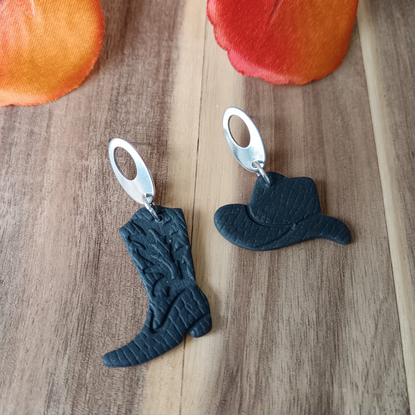Cowgirl Boots & Stetson Leather Texture Black & Silver Stud Earrings