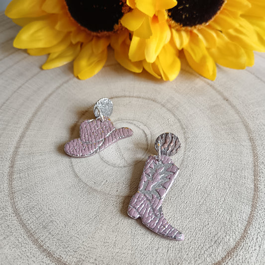 Cowgirl Boots & Stetson Leather Texture Pink & Silver Glitter Stud Earrings