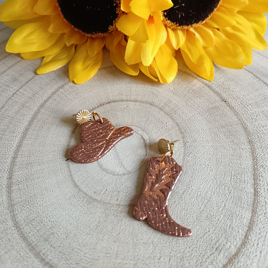 Cowgirl Boots & Stetson Leather Texture Brown Glitter Stud Earrings