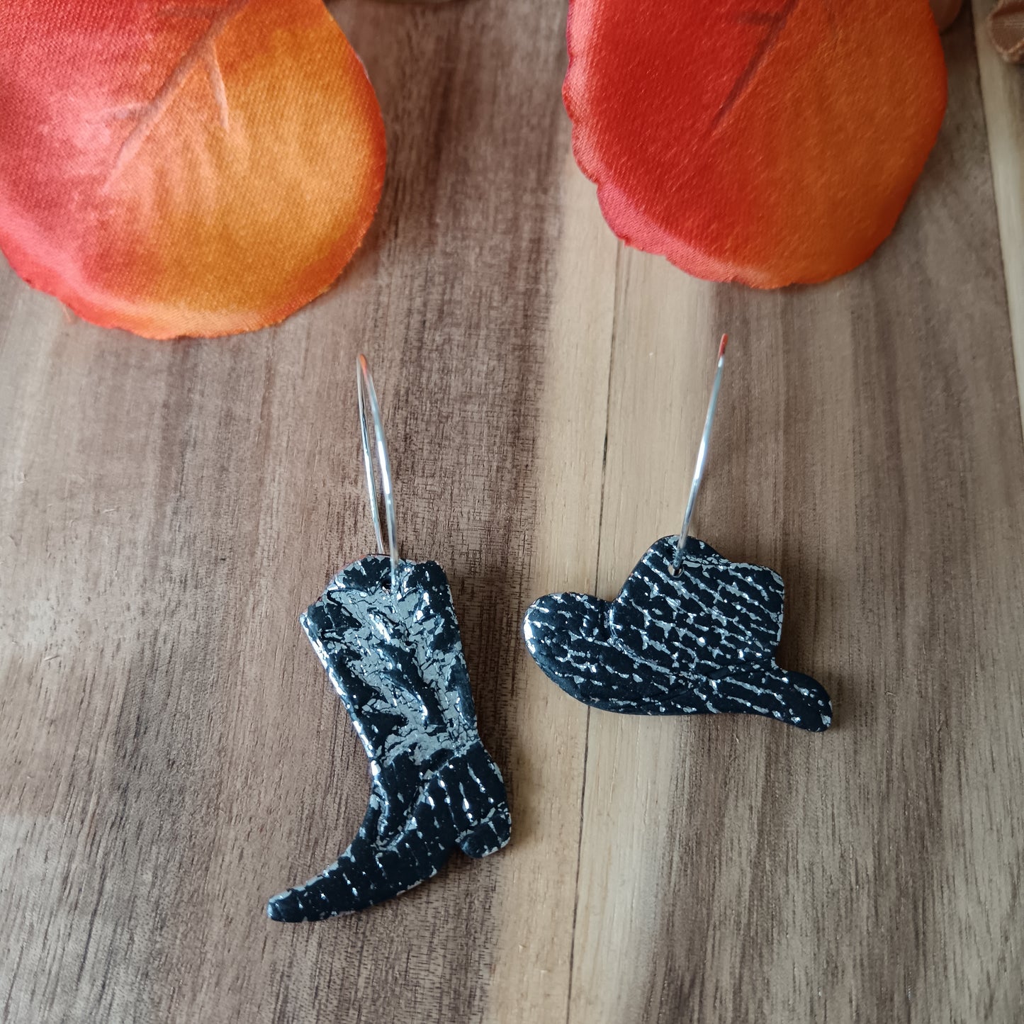 Cowgirl Boots Leather Texture Black & Silver Hoop Earrings