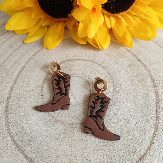 Cowgirl Boots Brown and Black Stud Earrings