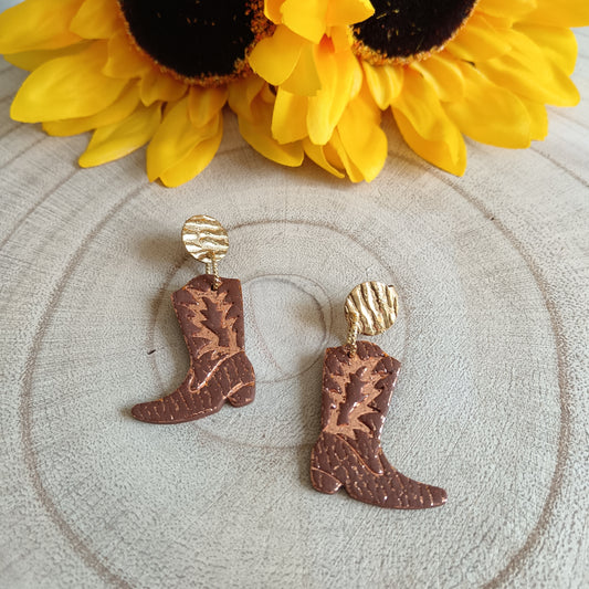 Cowgirl Boots Leather Texture Brown Glitter Stud Earrings