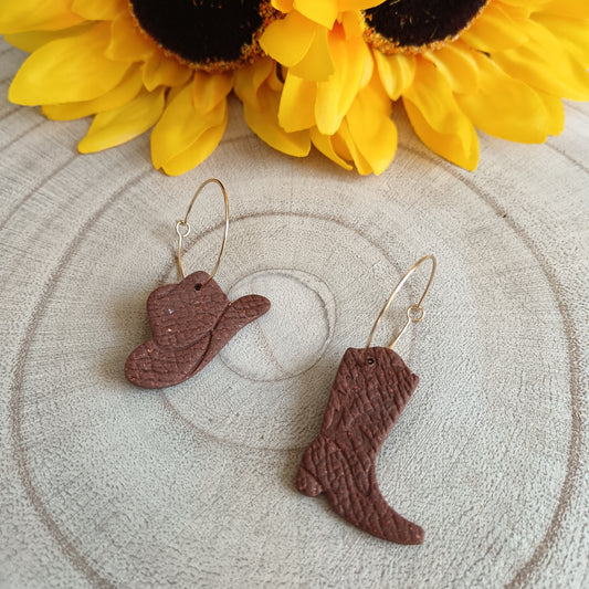Cowgirl Boots & Stetson Leather Texture Brown Hoop Earrings