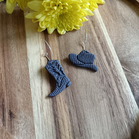 Deep Purple Cowgirl Boot & Stetson Leather Texture Hoop Earrings