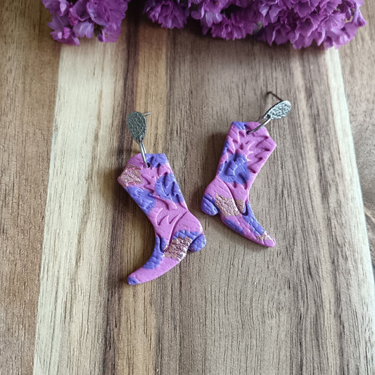 Pink & Purple Cowgirl Boots Leather Texture Dangle Stud Earrings