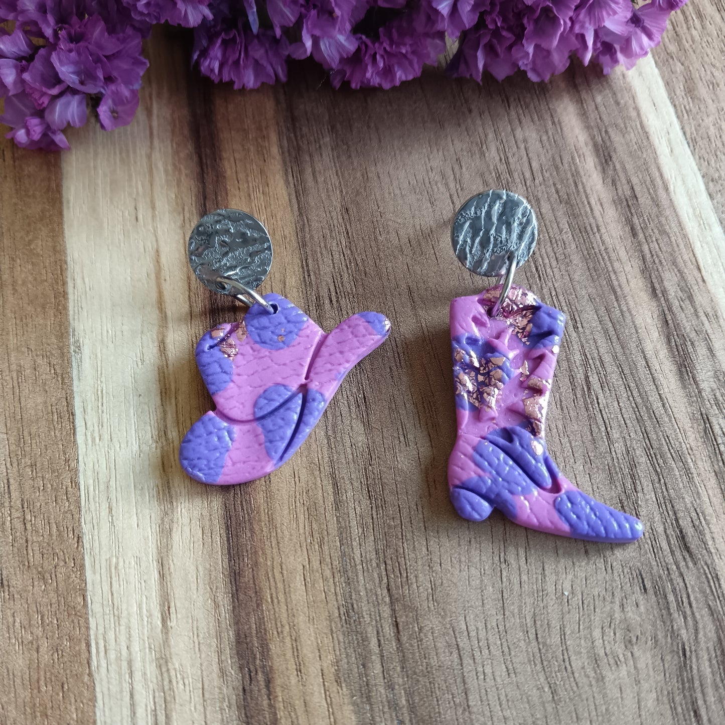 Pink & Purple Cowgirl Boot & Stetson Leather Texture Dangle Stud Earrings