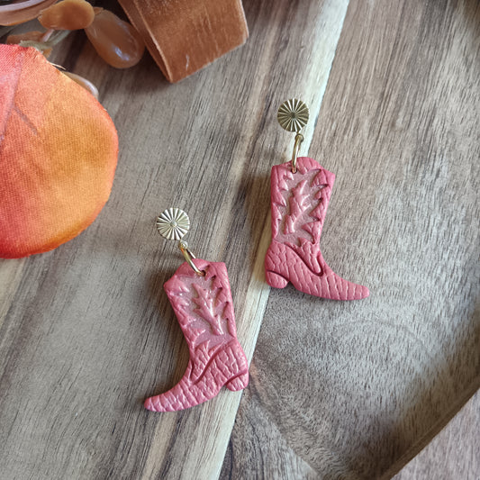 Burnt Orange & Gold Cowgirl Boots Leather Texture Dangle Stud Earrings