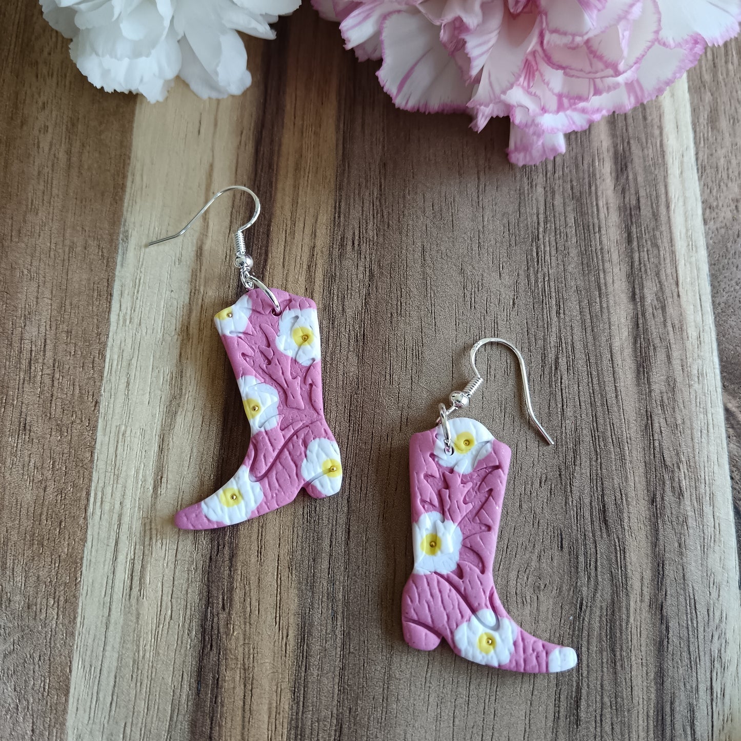Pink Daisy Cowgirl Boot Leather Texture Hook Earrings