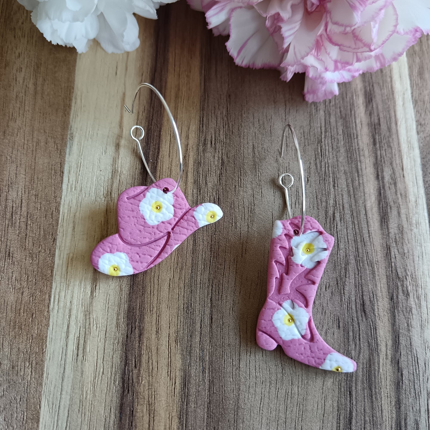 Pink Daisy Cowgirl Boot & Stetson Leather Texture Hoop Earrings