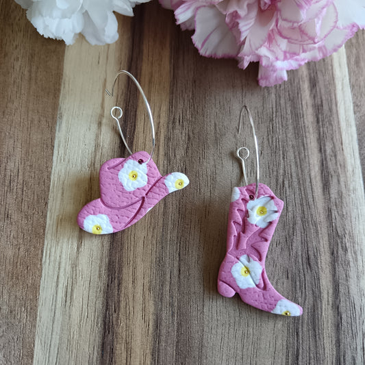 Pink Daisy Cowgirl Boot & Stetson Leather Texture Hoop Earrings