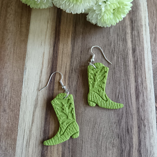 Lime Cowgirl Boots Leather Texture Hook Earrings