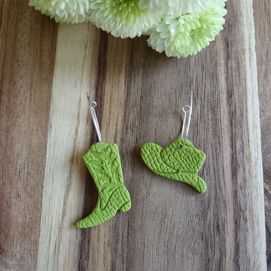 Lime Cowgirl Boot & Stetson Leather Texture Hoop Earrings