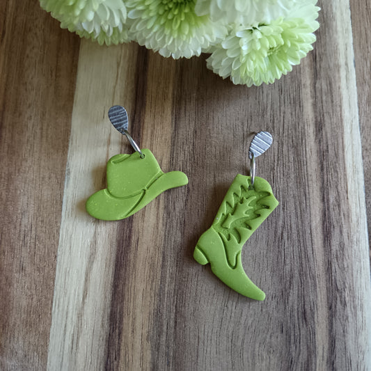 Lime Cowgirl Boot & Stetson Dangle Stud Earrings
