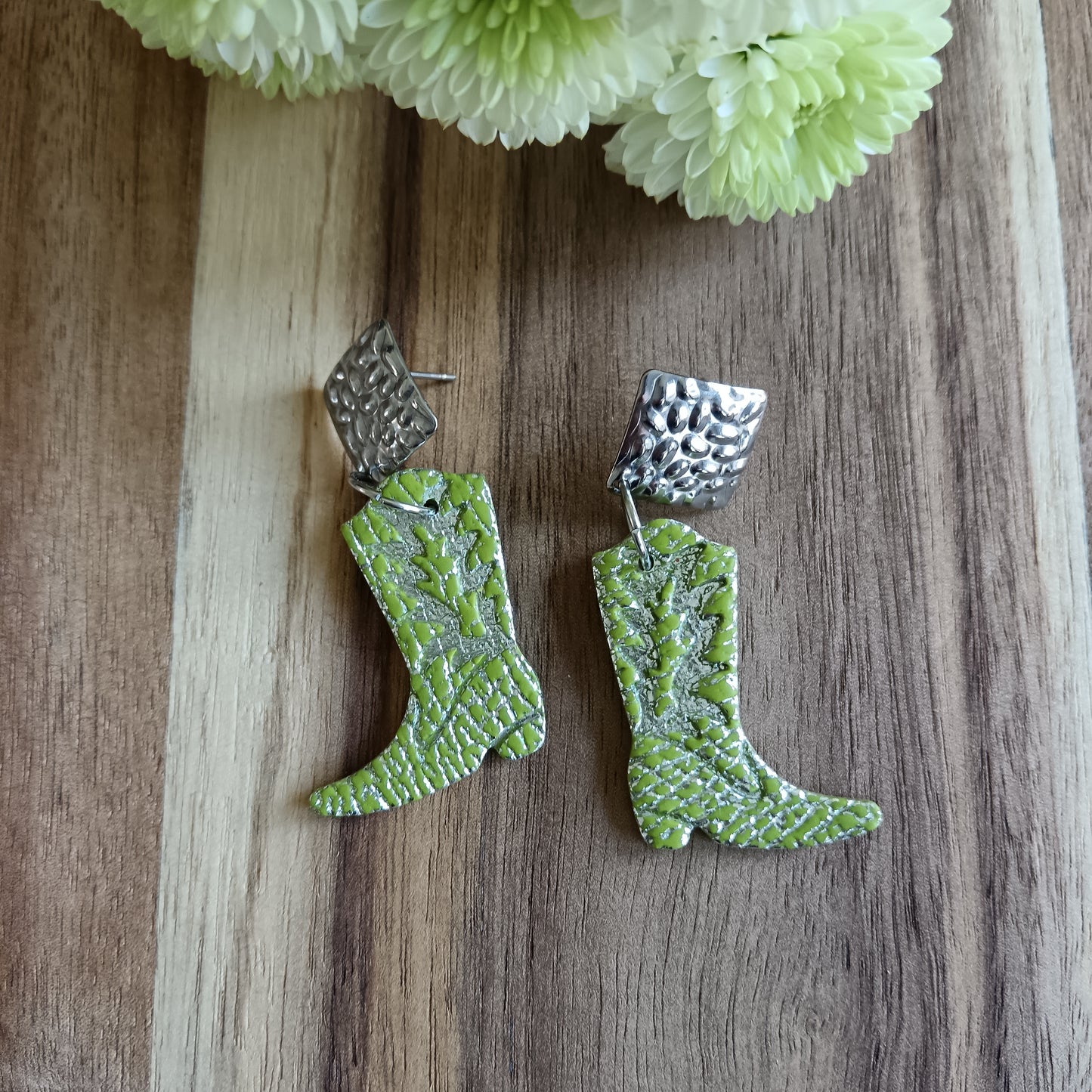 Lime & Silver Cowgirl Boots Leather Texture Dangle Stud Earrings