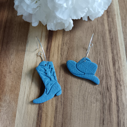 Denim Blue Cowgirl Boot & Stetson Leather Texture Hoop Earrings