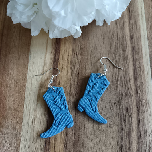 Denim Blue Cowgirl Boots Leather Texture Hook Earrings