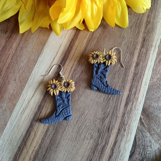 Deep Purple Cowgirl Sunflower Leather Texture Boot Hook Earrings
