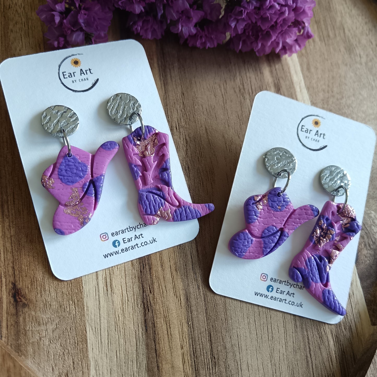 Pink & Purple Cowgirl Boot & Stetson Leather Texture Dangle Stud Earrings