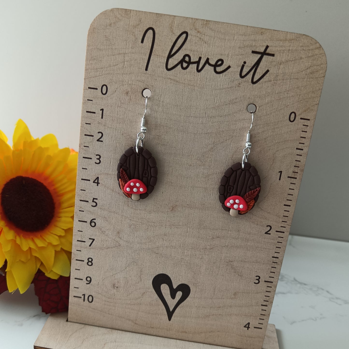 Wooden Cottage Door Toadstool Hook Earrings