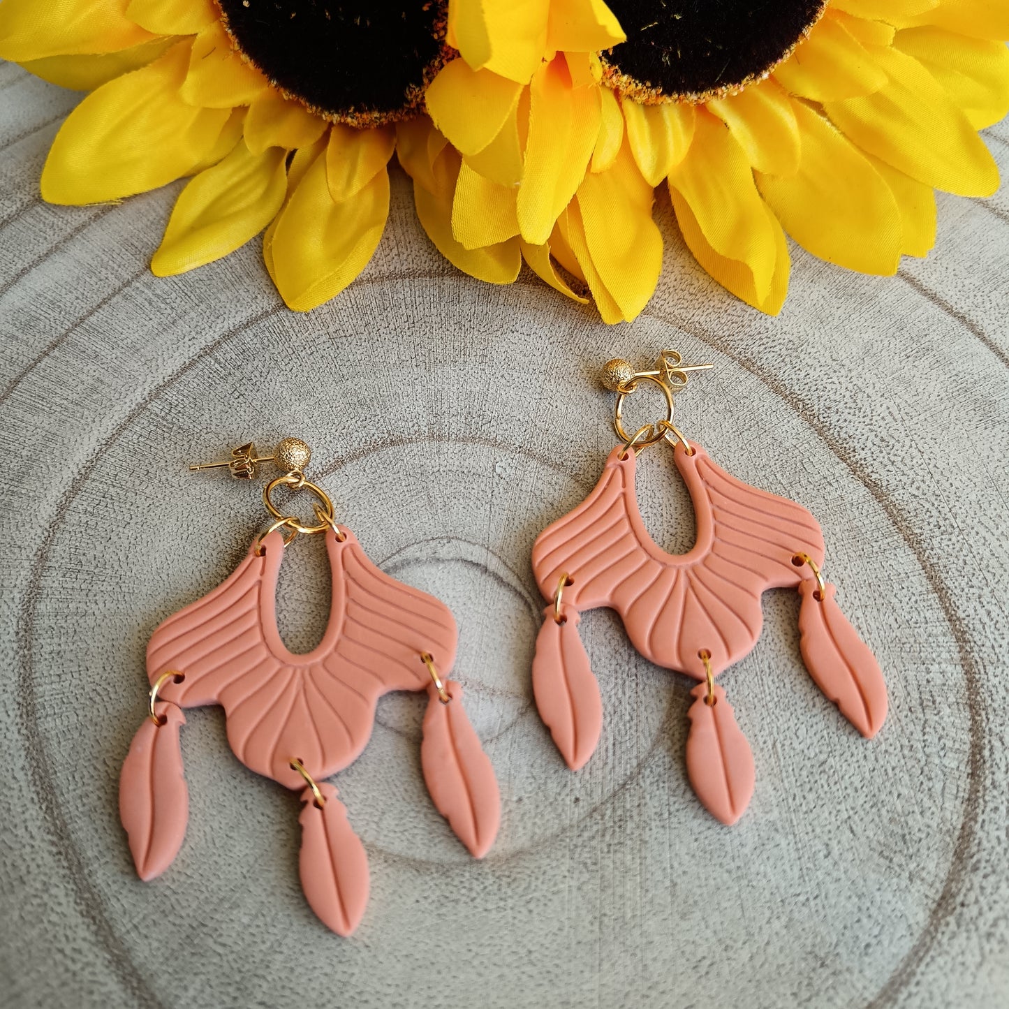 Boho Feather Orange Dangle Stud Earrings