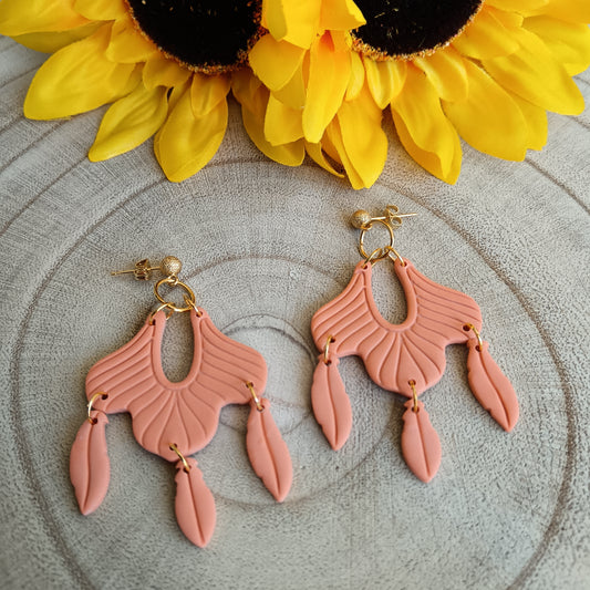 Boho Feather Orange Dangle Stud Earrings