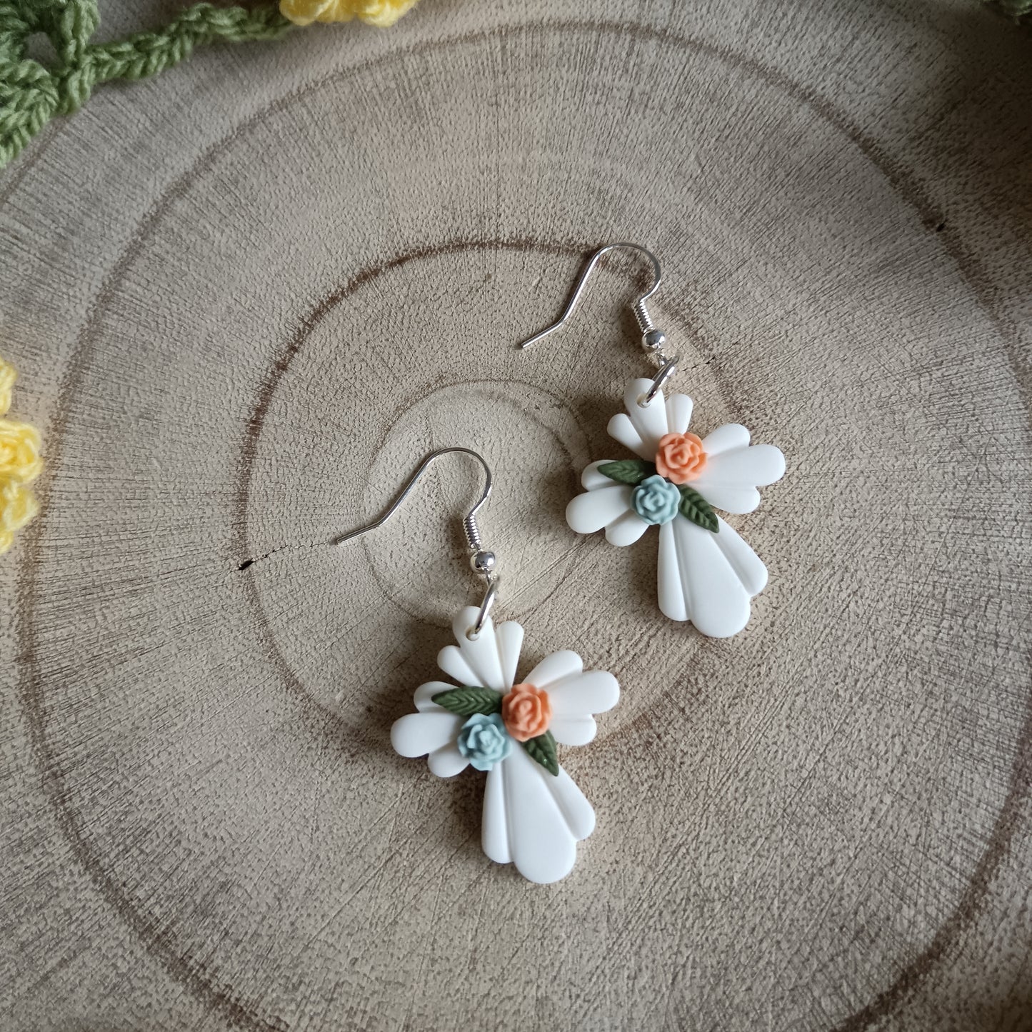 Blue & Orange Flower Cross Dangle Hook Earrings