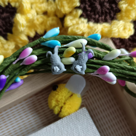 Grey Bunny Fluffy Tail Stud Earrings