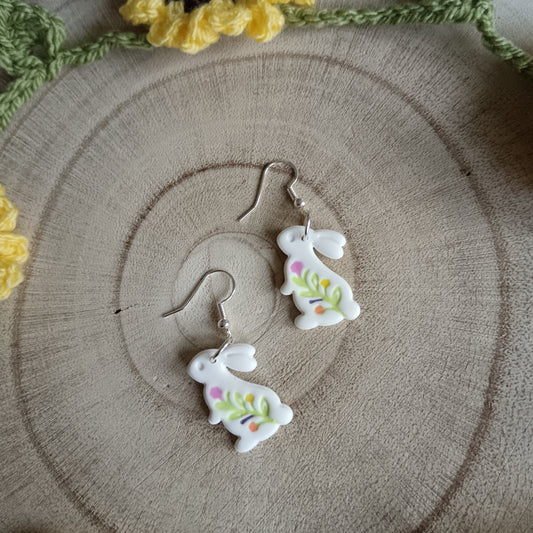 Floral Bunny Dangle Hook Earrings