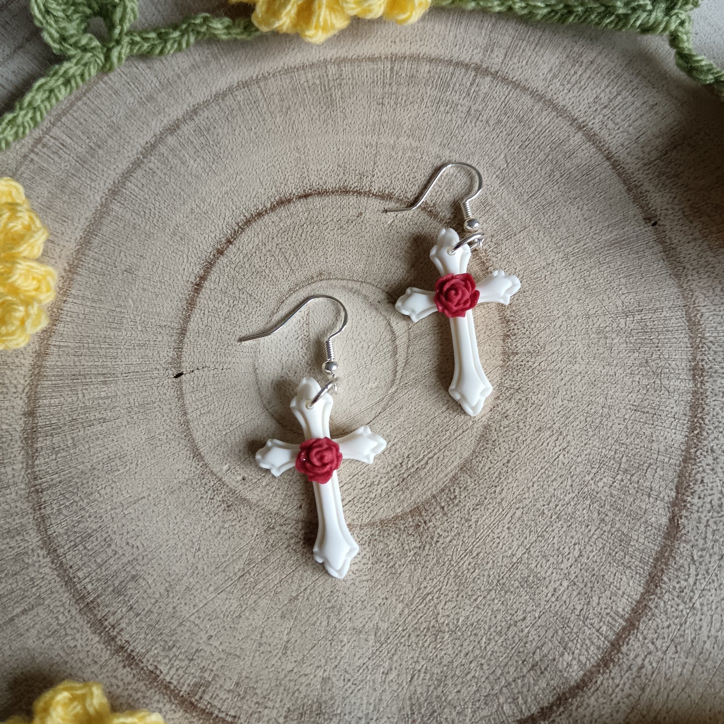 Red Rose Cross Dangle Hook Earrings