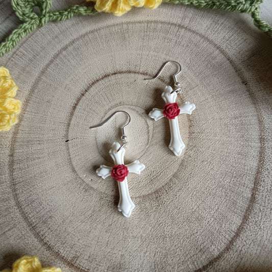 Red Rose Cross Dangle Hook Earrings