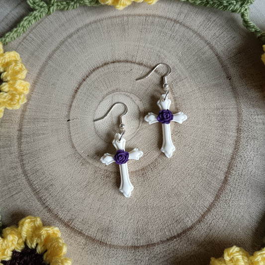 Purple Rose Cross Dangle Hook Earrings